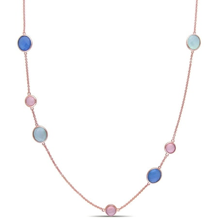 Tangelo 16-1/2 Carat T.G.W. Blue and Green with Pink Chalcedony Rose Rhodium-Plated Sterling Silver Multi-Stone Link Necklace, 32