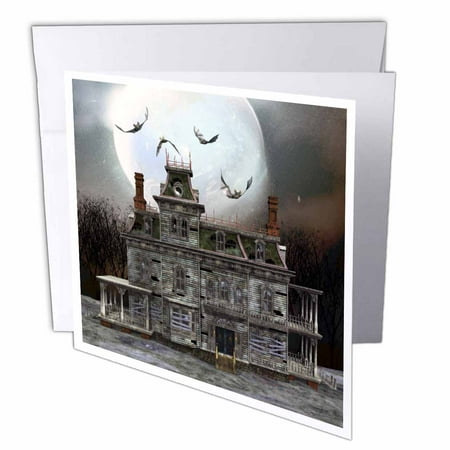 3dRose A Creepy Haunted Halloween House with full moon and bats - Greeting Card, 6 by 6-inch