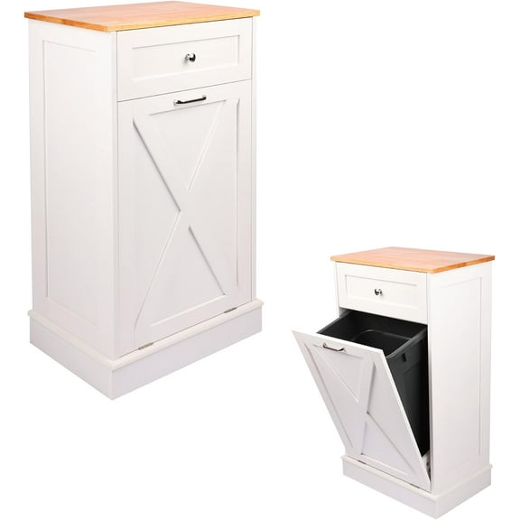 Tilt Out Trash Cabinet Free Standing 10 Gallon Recycling Trash Can Cabinet with Barn Door for Farmhouse Kitchen,Living Room, Dining Room, White