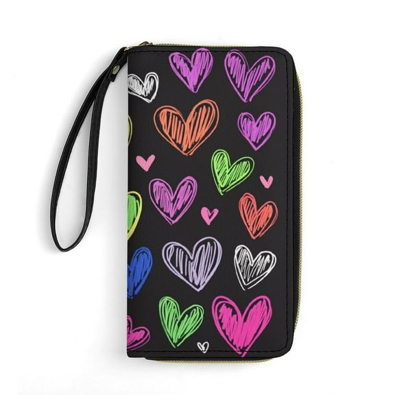 Womens Wallet Bifold Ladies Cluth Bag Wristlet Wrist Strap Long Purse Colorful Love Hearts Design