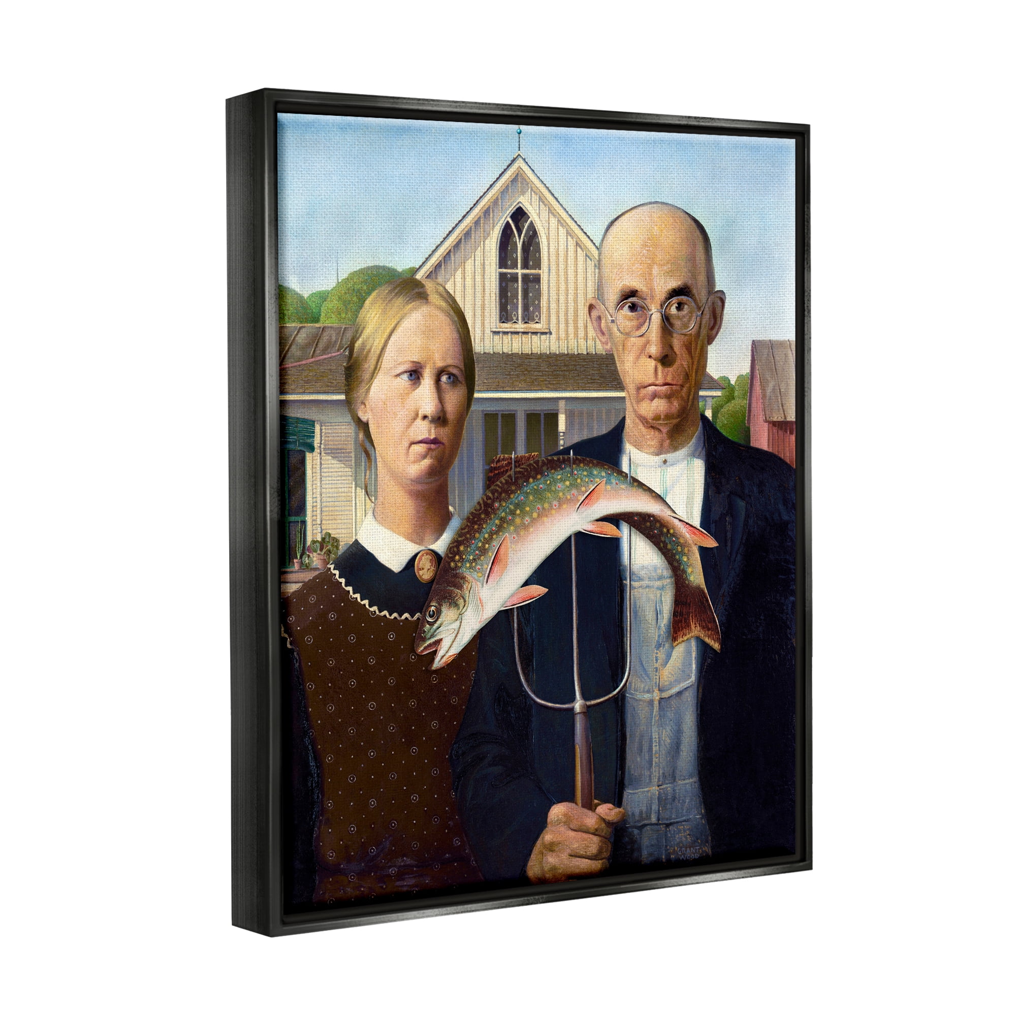 Stupell Industries American Gothic with Fish Animals & Insects Painting Black Floater Framed Art Print Wall Art, 17 x 21