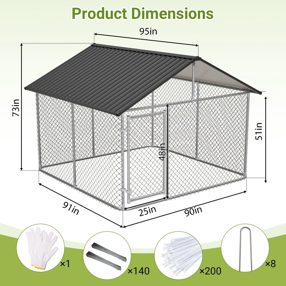 LuckyNote 7.5'x7.5' Outdoor Heavy Duty Dog Kennel for Large Dogs, Rust-Proof Coated Wire Mesh with Sturdy Metal Roof, Secure Lock, Grey