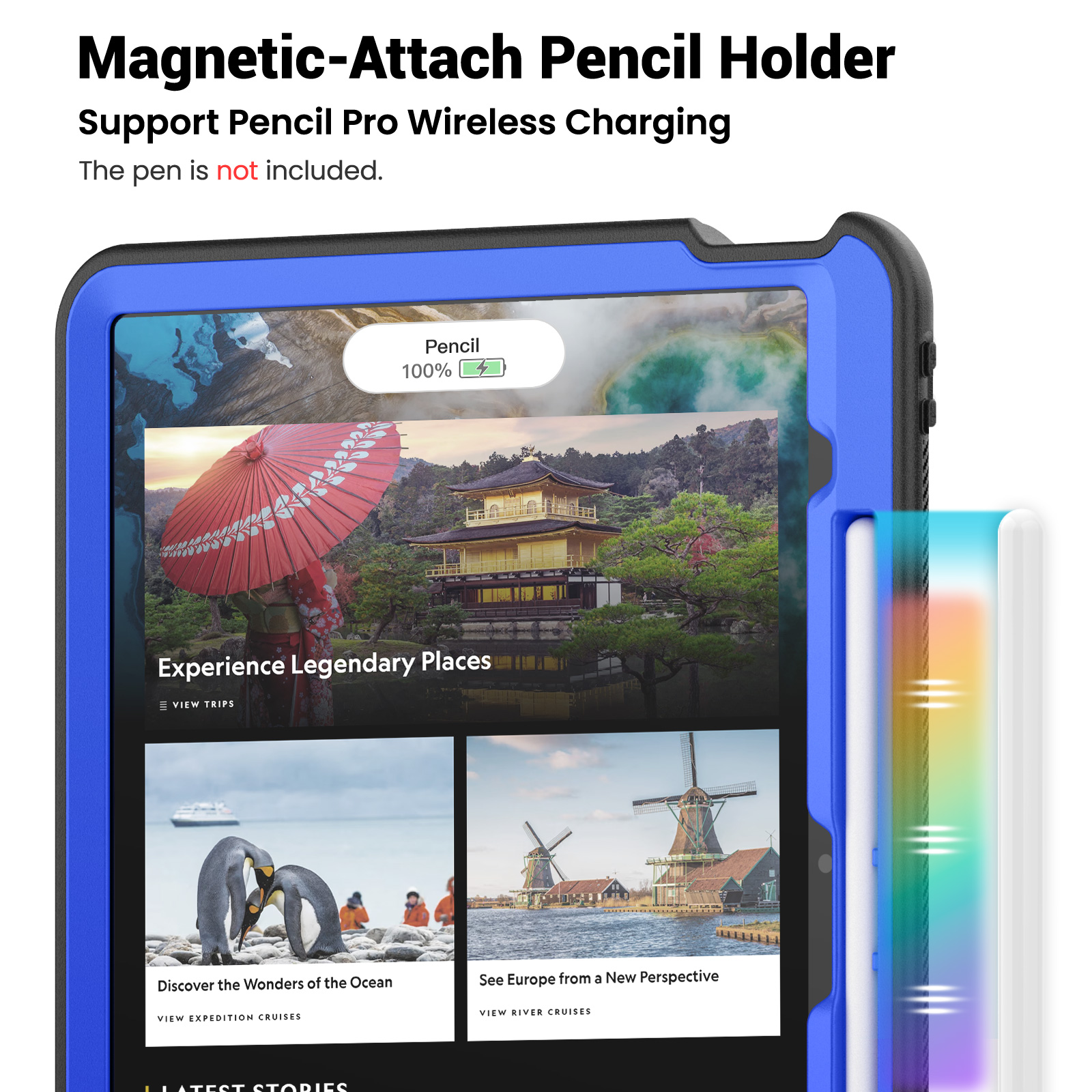 Shockproof Case for Apple iPad Air 13 Inch 2024 M2, Rugged Hybrid Protective Cover with Pencil Holder & Shoulder Strap Kids Friendly Rotating Kickstand Case for iPad Air 13" 2024, Darkblue