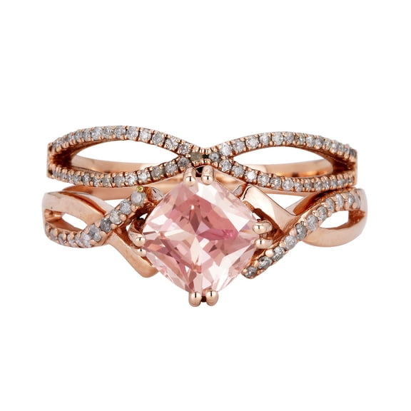 1.75 Carat Cushion Cut Morganite And Diamond Moissanite Bridal Set In Solid 10K Rose Gold, Promise Ring, Anniversary Ring
