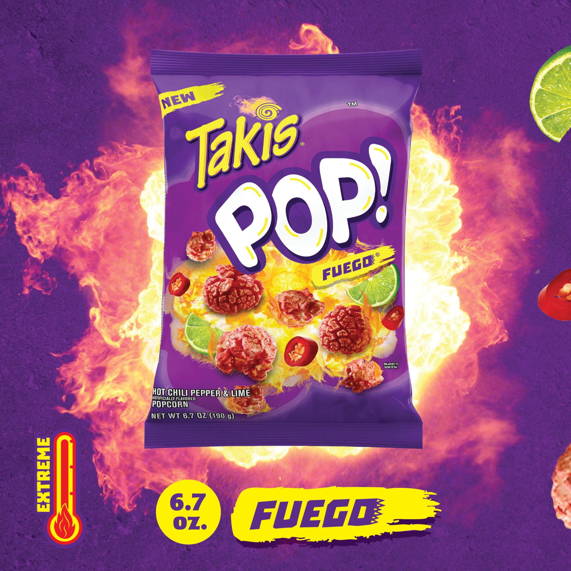 Takis Pop! Fuego Ready-To-Eat Popcorn, Hot Chili Pepper and Lime Artificially Flavored Popcorn,  6.7 Ounce Bag