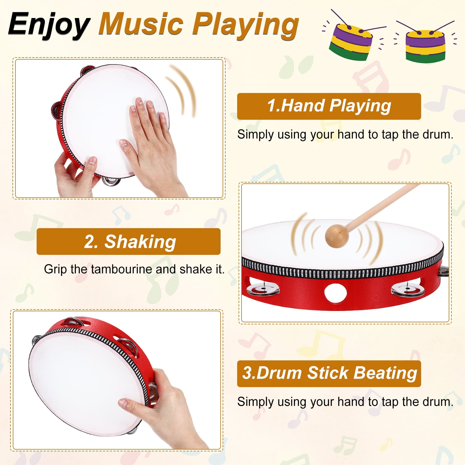 Uxcell 1 Pcs Tambourine Drum 8 Inch Wood Hand Held Tambourine Single Row Metal Jingle Percussion Musical Drum Instrument for Adults Church Wedding Party Games, Red