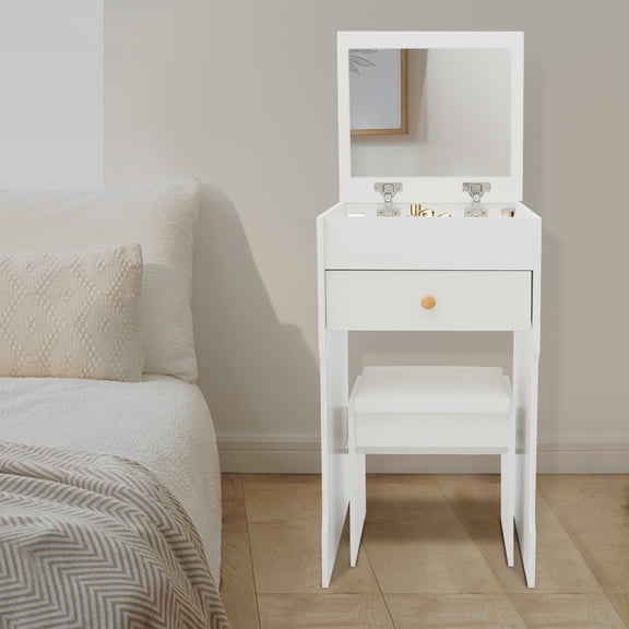 Vanity Table with Mirror, Compact Makeup Vanity with Storage Compartments and Stool, Dressing Table for Bedroom