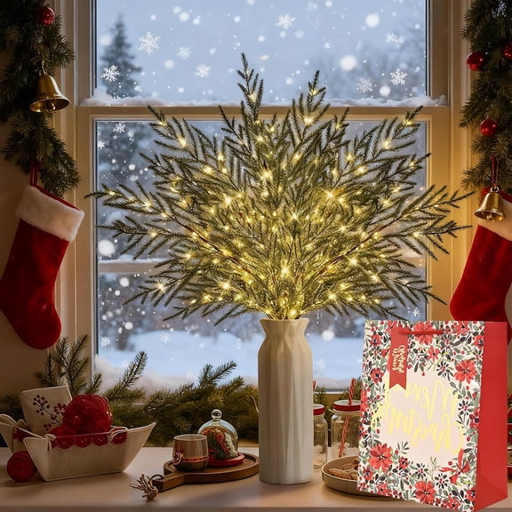 Pre-Lit Pine Stems, Lighted Norfolk Pine Branches, Realistic Norfolk Pine Stems, Warm White LED Christmas Pine , Vase Fillers, Indoor Outdoor Decor (4PCS)