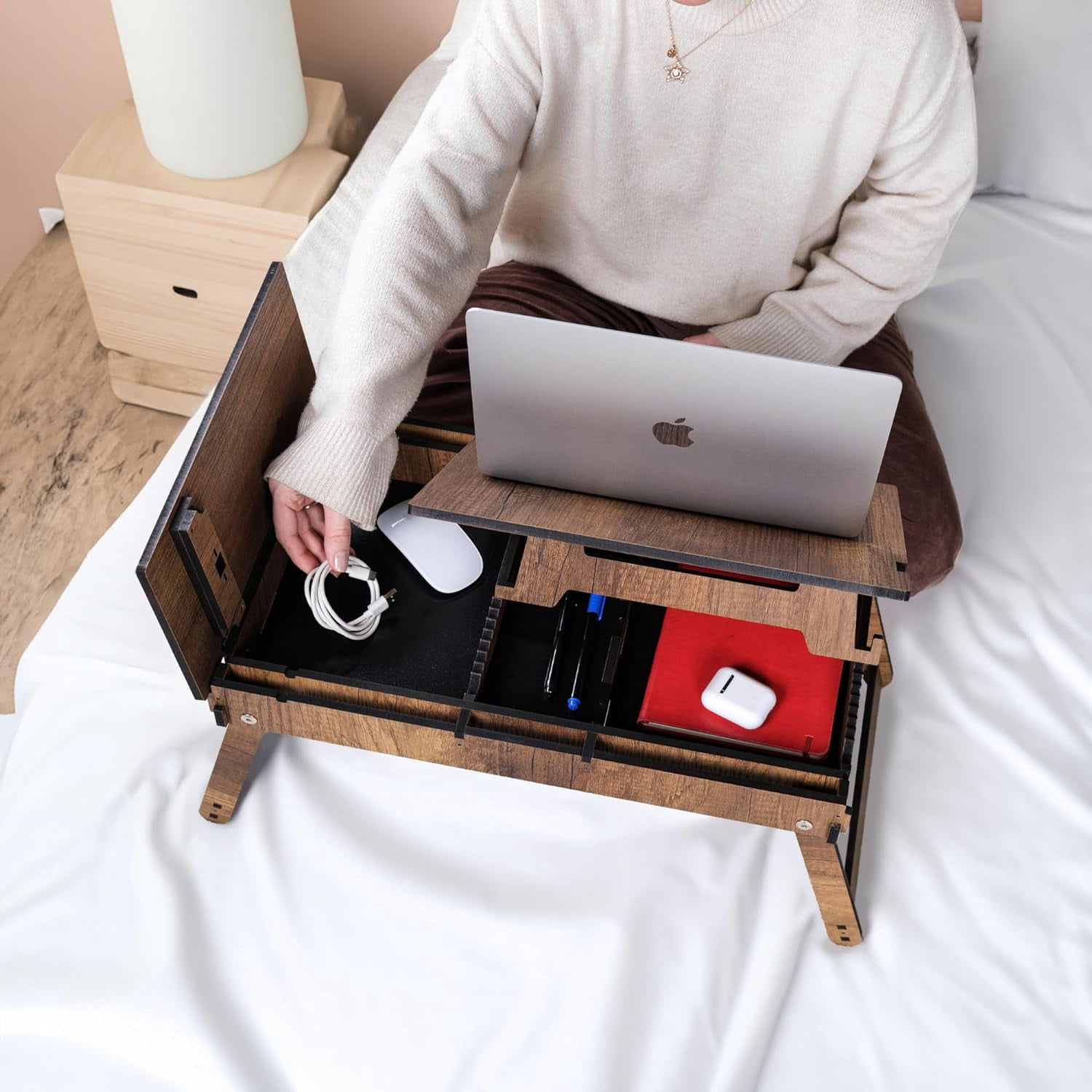 Vigo Wood Laptop Stand for Bed, Adjustable Lap Tray with Built-in Storage, Foldable and Ergonomic Design for Reading, Writing, and Working