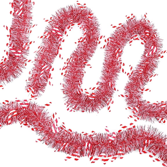 33ft Christmas Tinsel Garlands, Shiny Red White Candy Cane Hanging Indoor/Outdoor Decorations for Holidays, Parties & Valentine's Day