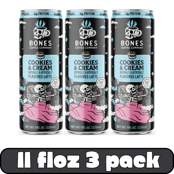 Bones Coffee Company Cookies & Cream Iced Coffee Latte, Ready-to-Drink Canned Coffee, 11 fl oz, 3-Pack