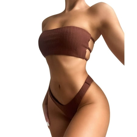Sngxgn Women s High Waisted Bikini Swimsuit Drawstring Tie Side Bottom Two Piece Bathing Suit(Brown S)