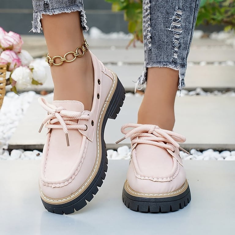 comfortable pink dress shoes Pandaie Women's Lace up Loafers Comfortable Chunky Slip on Dress Shoes Platform Lug Sole Office Business Work Oxfords Shoes Pink 7.5