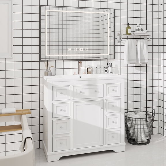 36" Bathroom Vanity with Sink Combo, One Cabinet and Six Drawers, Solid Wood and MDF Board, White