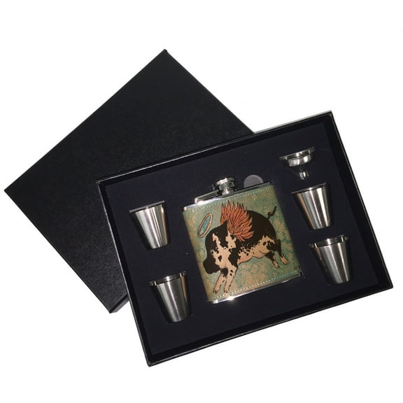 KuzmarK 6 oz. Leather Flask Set in Black Presentation Box -  Flying Angel Pig Animal Art by Denise Every