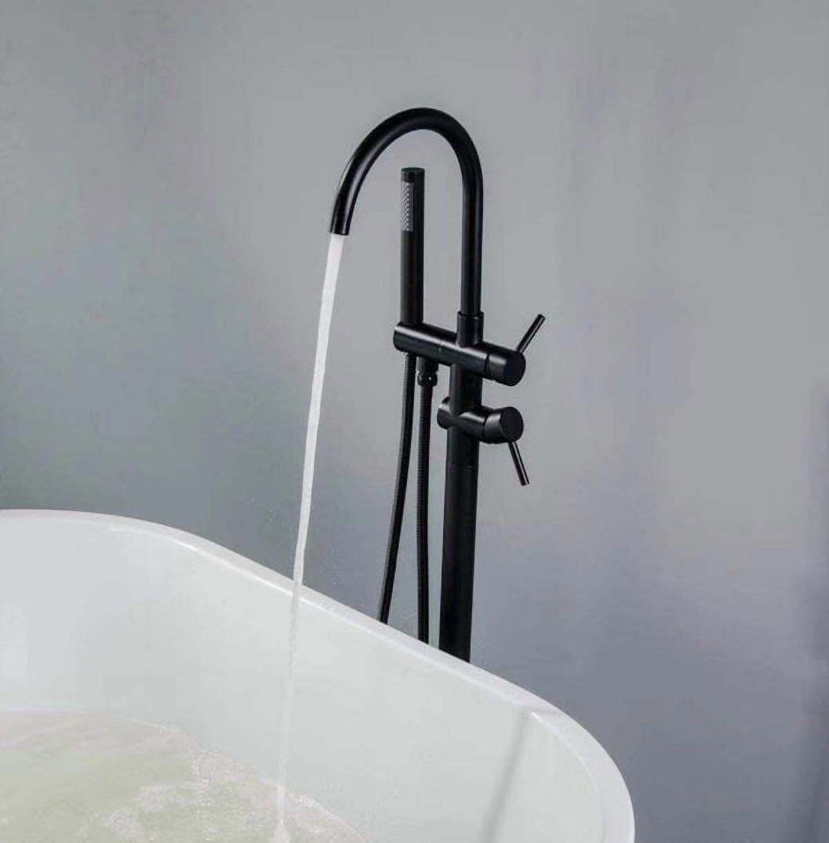 ANGELES HOME 2-Handle Free Standing Floor Mount Bathroom Tub Faucets with Handheld Shower in Matte Black