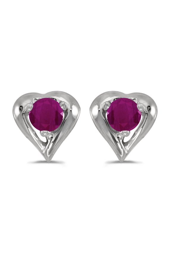 14k White Gold Round Ruby Heart Earrings
