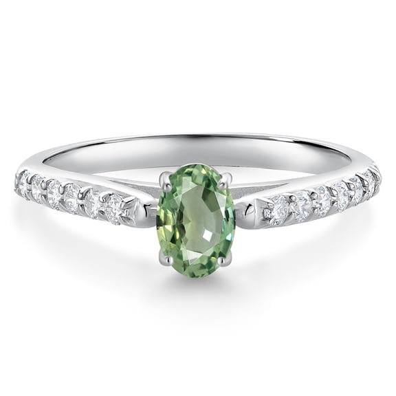 Gem Stone King 10K White Gold Green Sapphire and White Lab Grown Diamond Engagement Ring for Women (0.73 Cttw, Oval 6X4MM, Gemstone September Birthstone, Size 9)