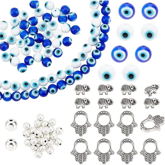 168pcs Evil Eye Beads Kits Turkish Lampwork Round Beads Elephant Spacer Beads Smooth Round Loose Beads with Bead Frame for Bracelets Necklaces Jewelry Making Crafts Making