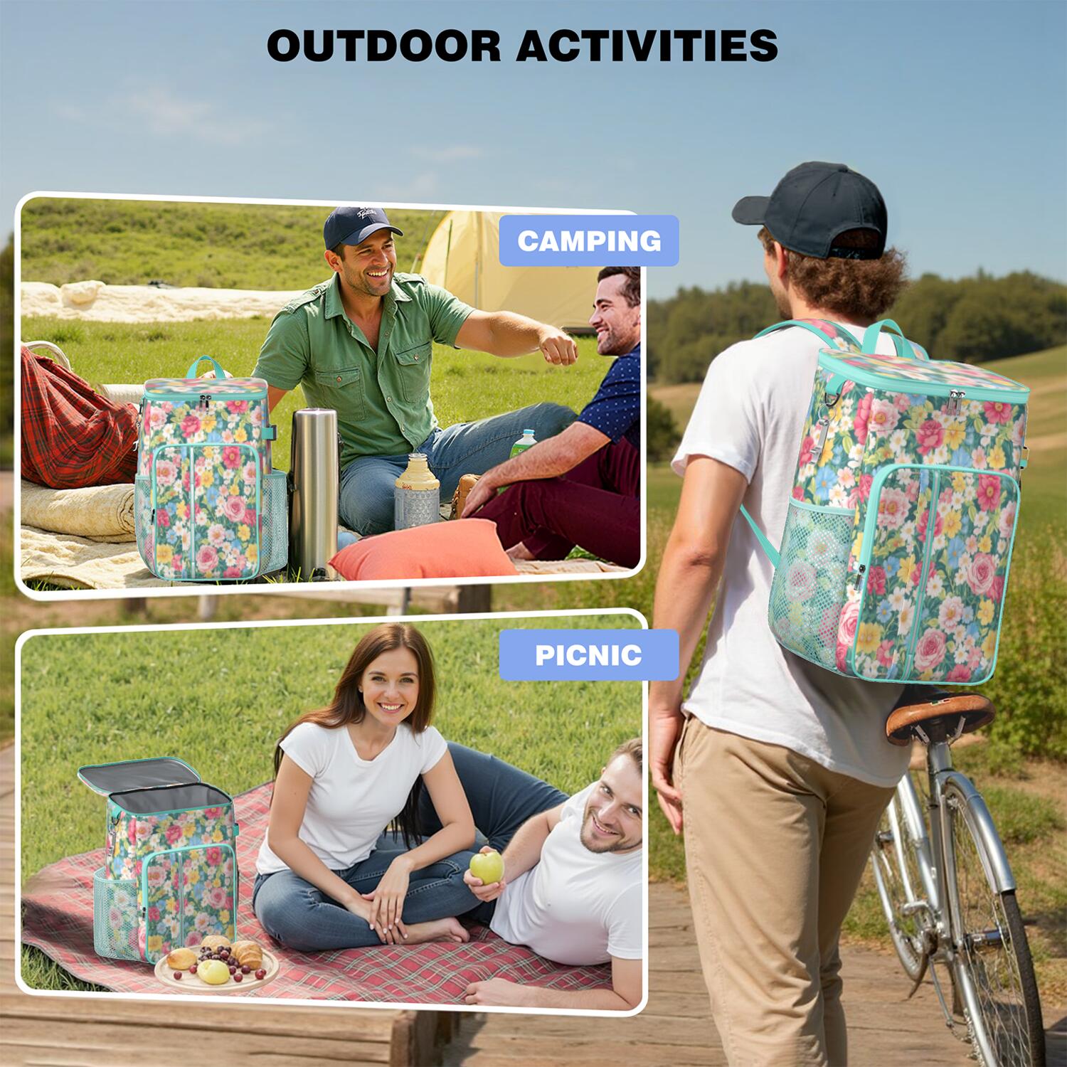 Travel Cooler Bag - Pioneer Flower Camping Beer Cooler Backpack with Bottle Opener- Waterproof Insulated Picnic Backpacks - Cooler Bag for Beach