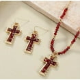 thumbnail image 2 of Pierced gold and red-purple fluorescent bead cross necklace and earring set, 2 of 4