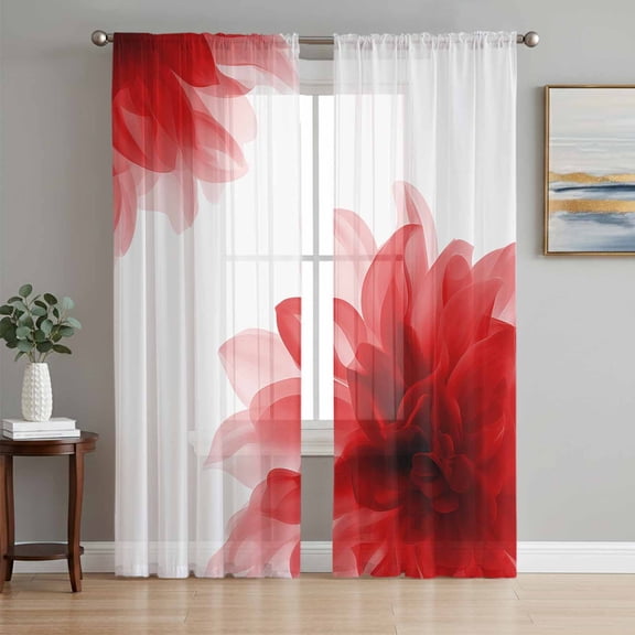 Sheer Curtains 84 Inches Long 2 Panels Set for Living Room, Red Flower Semi Sheer Curtains for Windows, Boho Modern Floral Abstract Ombre Leaf White Voile Window Treatments Rod Pocket Curtain