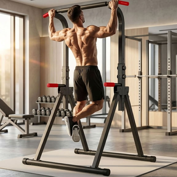 S-HOME 6-Level Adjustable Height Dip Station Black and Red Foldable Power Tower Fitness Equipment with 440lbs Capacity, for Home Workout