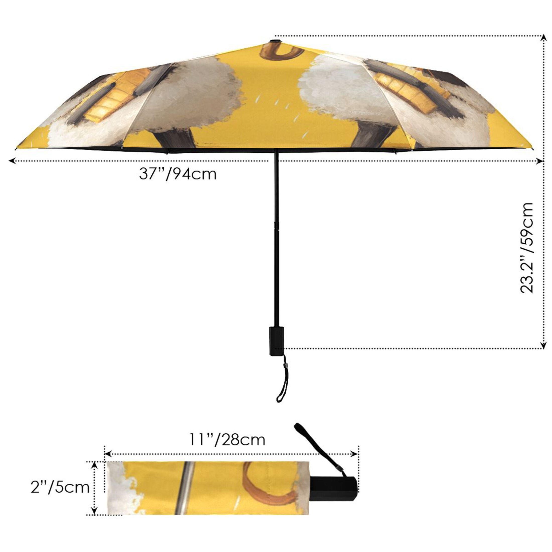Cute Sheep with Yellow Umbrella All Weather Umbrella Triple Folding Parasol 6 Ribs UV Protection Portable