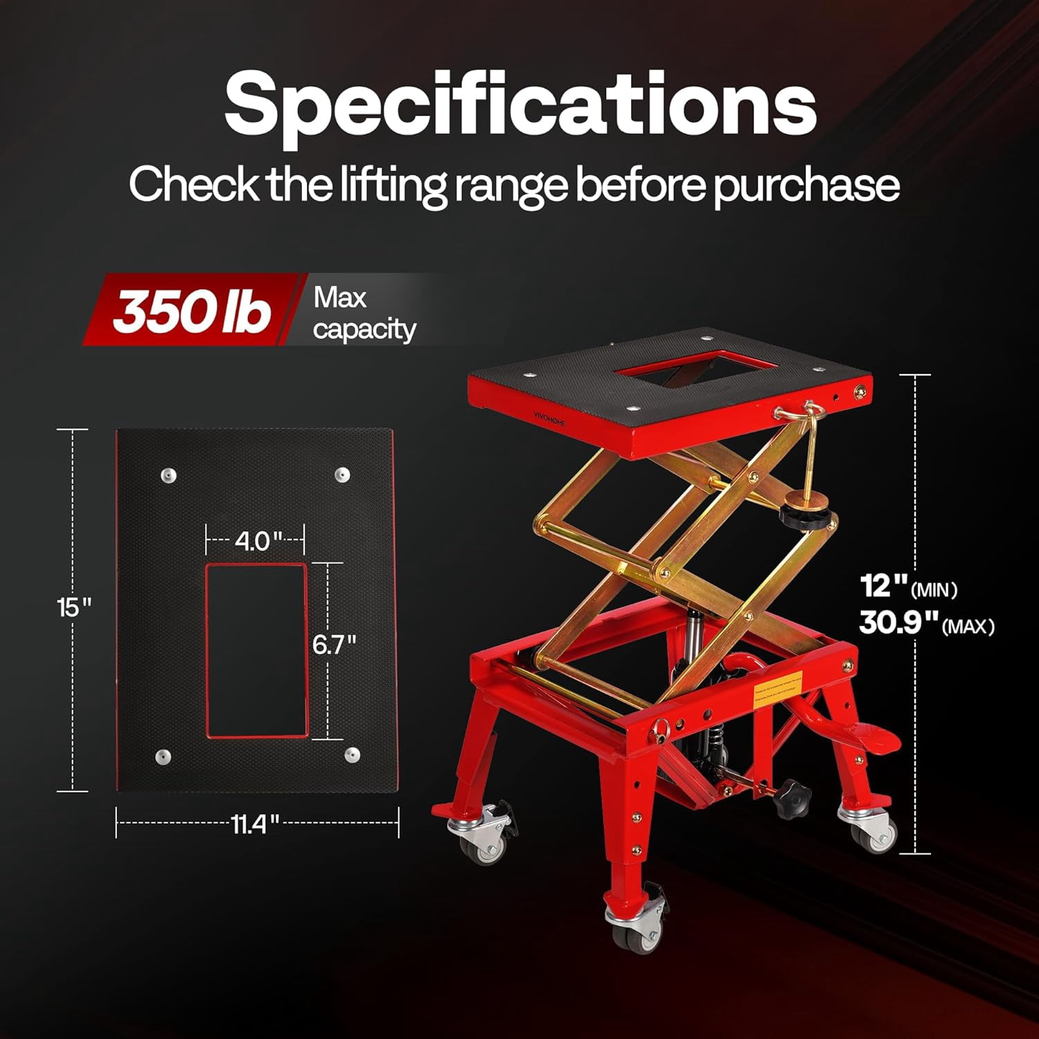 SPECSTAR 350 Lbs Heavy Duty Hydraulic Motorcycle Lift Table,Foot Operated Scissor Jack Stand for ATV Dirt Bike, 4 Wheels,Red