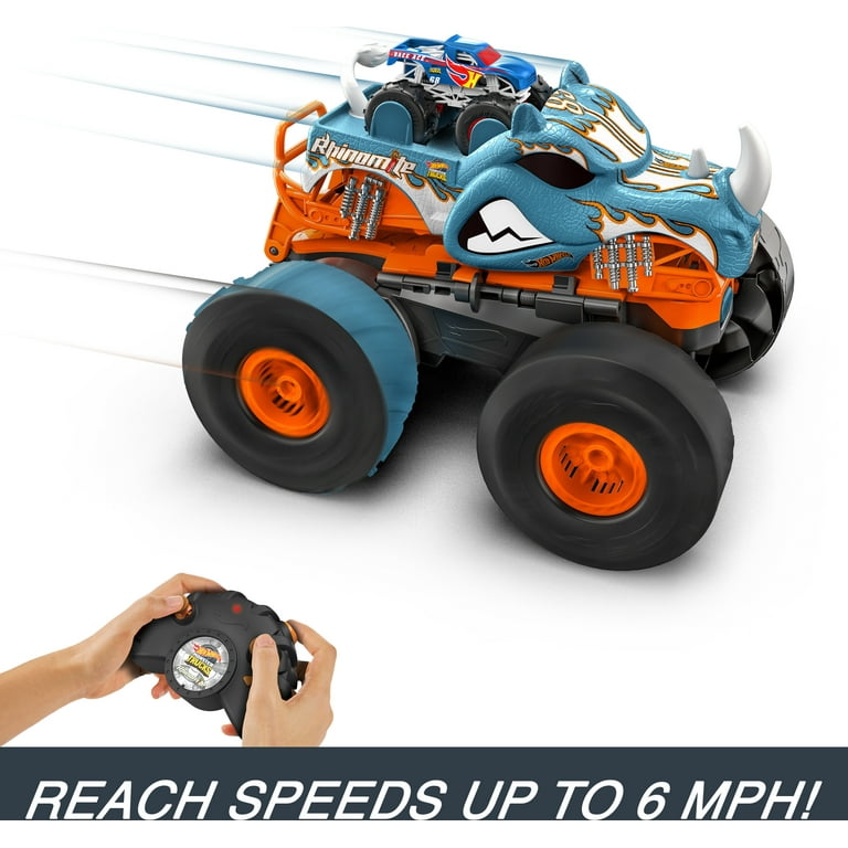 Hot Wheels Monster Trucks RC Rhinomite Transforms into Launcher, Includes  1:64 Scale Toy Truck 