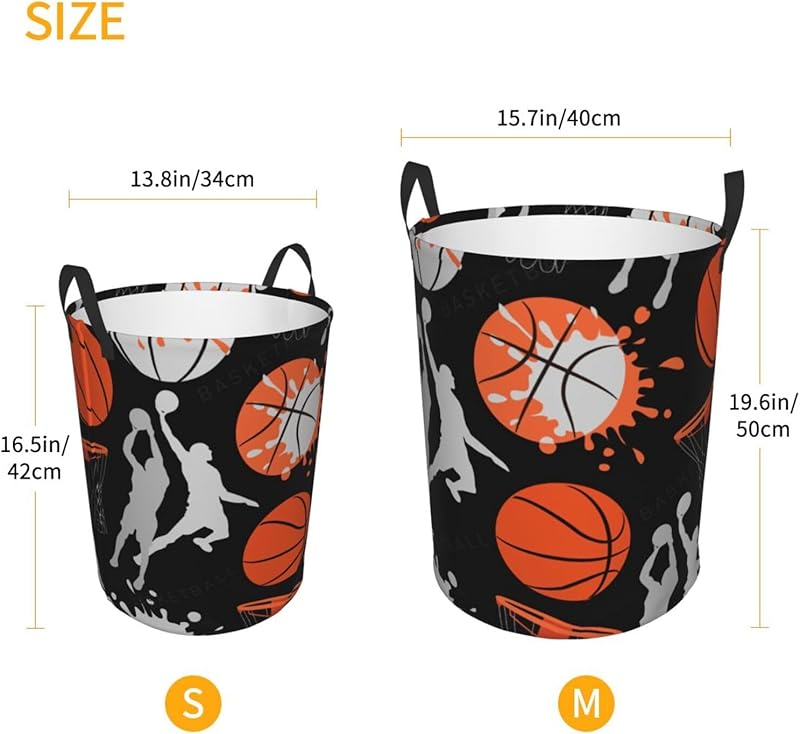 Basketball Sport Theme Laundry Hamper Bag With Waterproof Liner - Round Laundry Basket Foldable Clothes Storage Organizer For Bathroom Bedroom Nursery Dorm