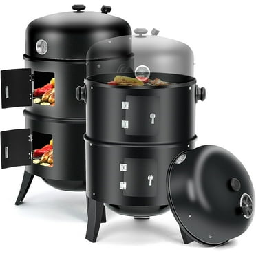 3-in-1 Vertical Charcoal Smoker BBQ Grill 16 Inch Outdoor Portable Smoker Grills with Built-in Thermometer, Air Vent, 2 Access Doors and 3 Hooks Idea for Patio Backyard Barbecue Cooking Camping