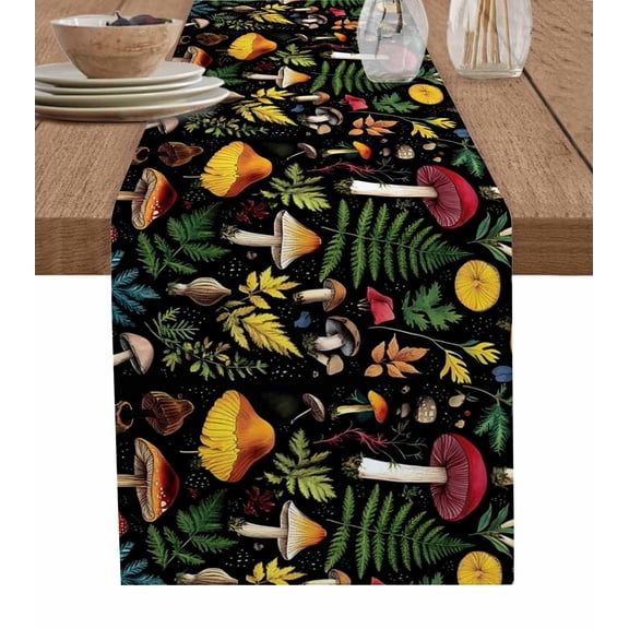 Retro Mushroom Table Runner 72 Inches, Spring Summer Botanical Leaves Black Bed Runner Dresser Scarves Tabletop for Indoor Outdoor Parties/Ceremony/Banquet, 13" x 72"