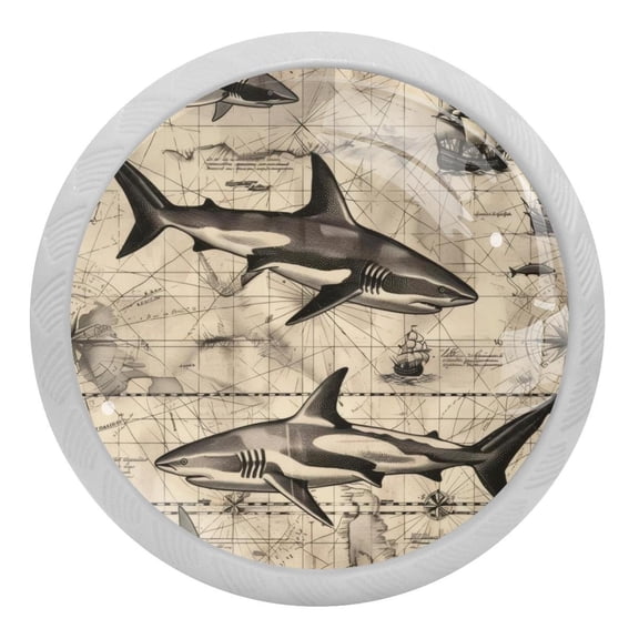PhooArto Sharks and Vintage Map Pattern 4 PCS Crystal Glass Cabinet Knobs, Drawer Kitchen Cabinets Dresser Cupboard Wardrobe Pulls Handle - Glowing in the Dark
