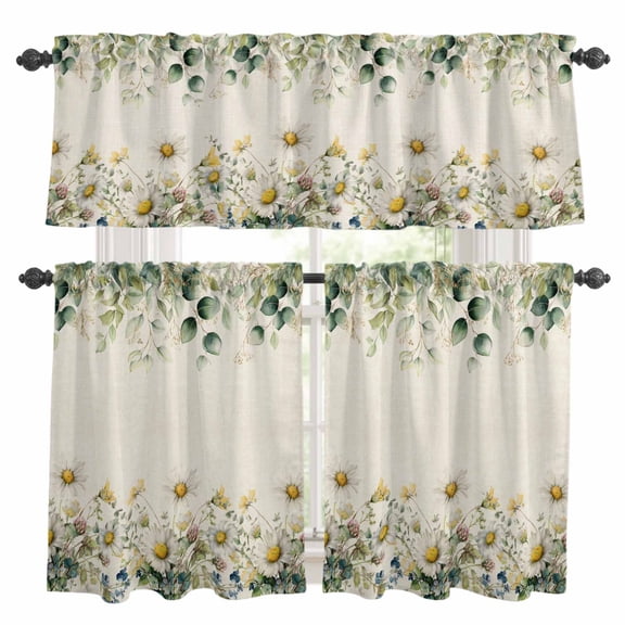 Flowers Eucalyptus Kitchen Curtains Sets for Windows 36 Inch Length, Vintage Country Botanical Floral Leaves Rod Pocket Window Treatments Tier Curtains and Valances Set for Bedroom/Bathroom