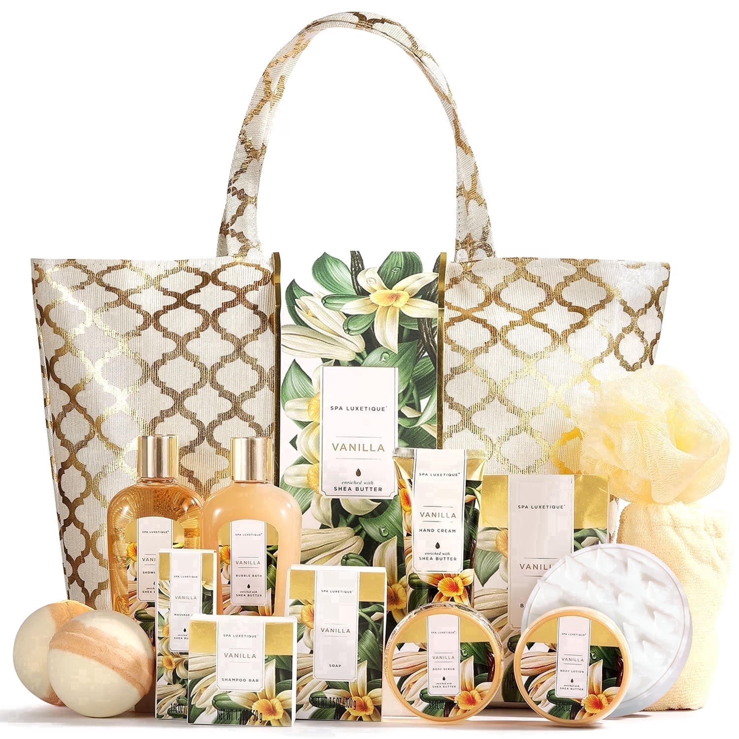 Spa Luxetique Gift Sets for Women - 15 Pcs Vanilla Scent Birthday Gifts Bath Baskets for Her, Luxury Self Care Kits with Tote Bag