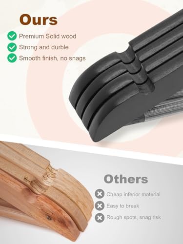 Black Wooden Hangers 20 Pack, Solid Wood Hanger with Non Slip Pant Bar, Heavy Duty Wooden Coat Hanger for Closet, Smooth Finish Wood Clothes Hangers for Shirts, Suits, Jackets, Dress
