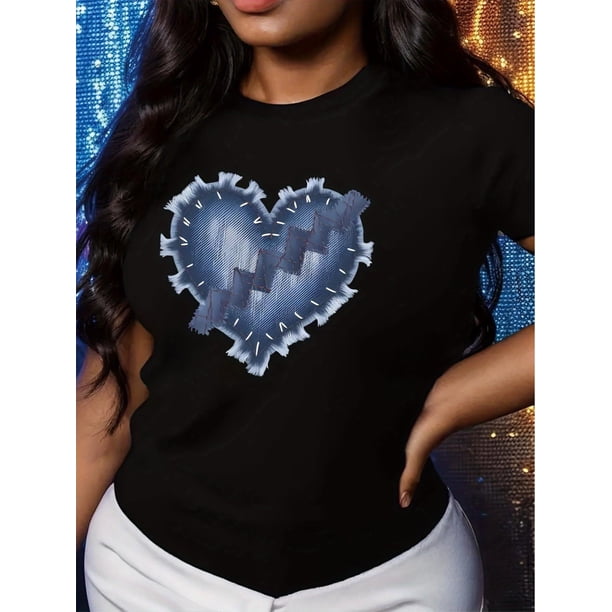 Chic Retro Cowboy Heart Print T-Shirt for Women - Casual Crew Neck, Short Sleeve Top, Perfect for Spring & Summer, Machine Washable, Western T Shirts