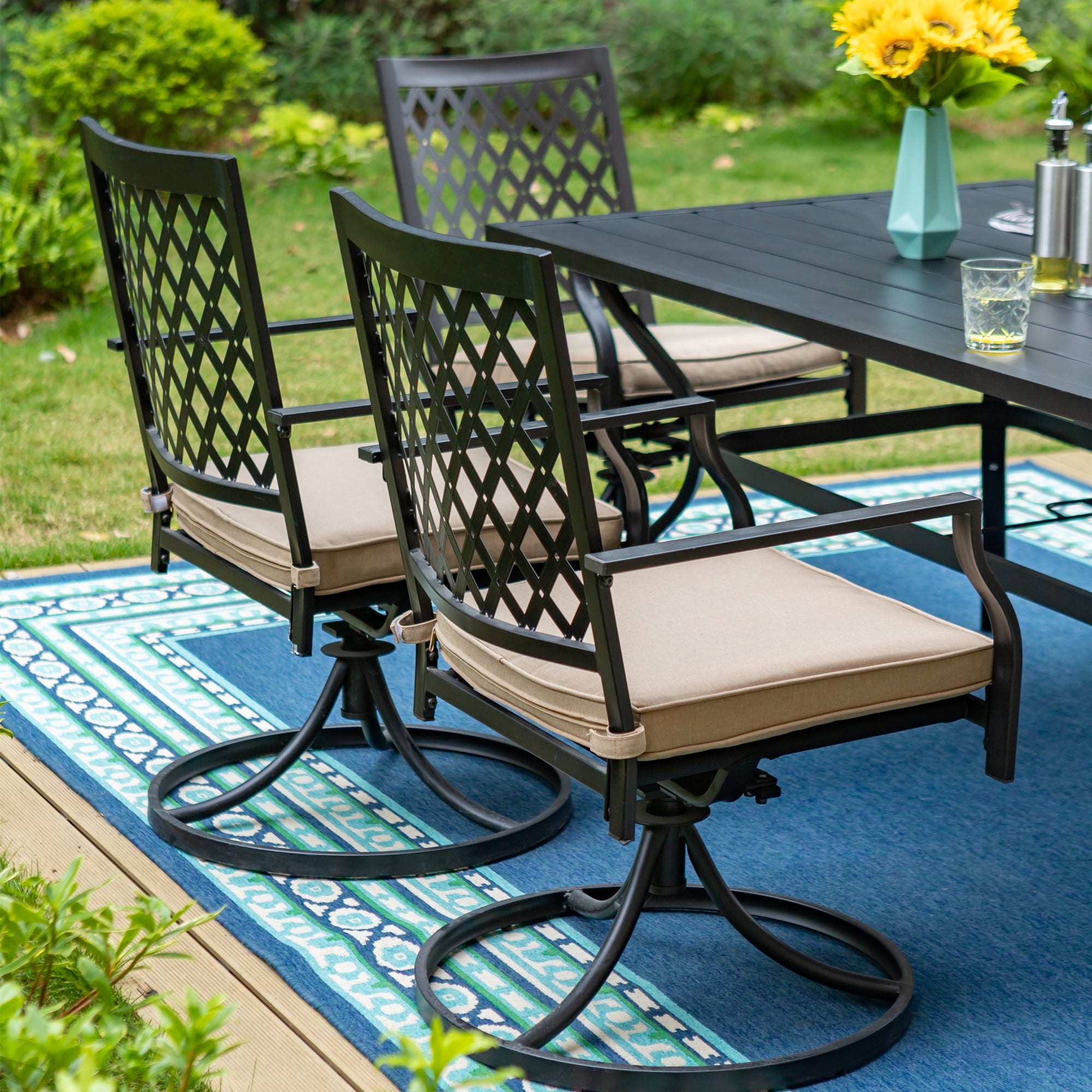 MF Studio 7-Piece Outdoor Dining Set with Swivel Cushioned Chairs & 6-Person Table with Umbrella Hole, Black & Beige