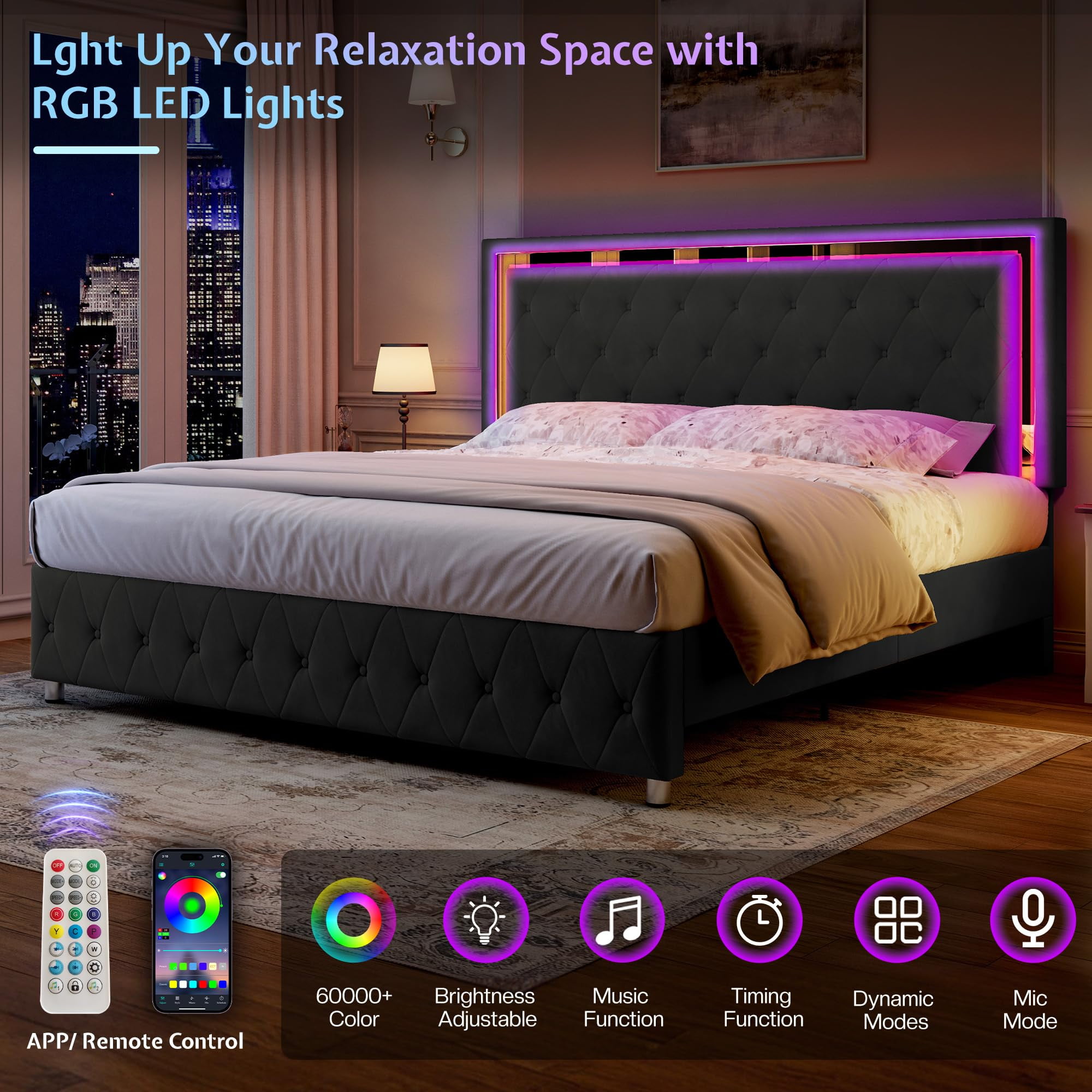 Merluxy Twin Size Bed Frame with Led Lights Headboard, Acrylic Mirror Accents, No Box Spring Needed, Velvet Upholstered Black