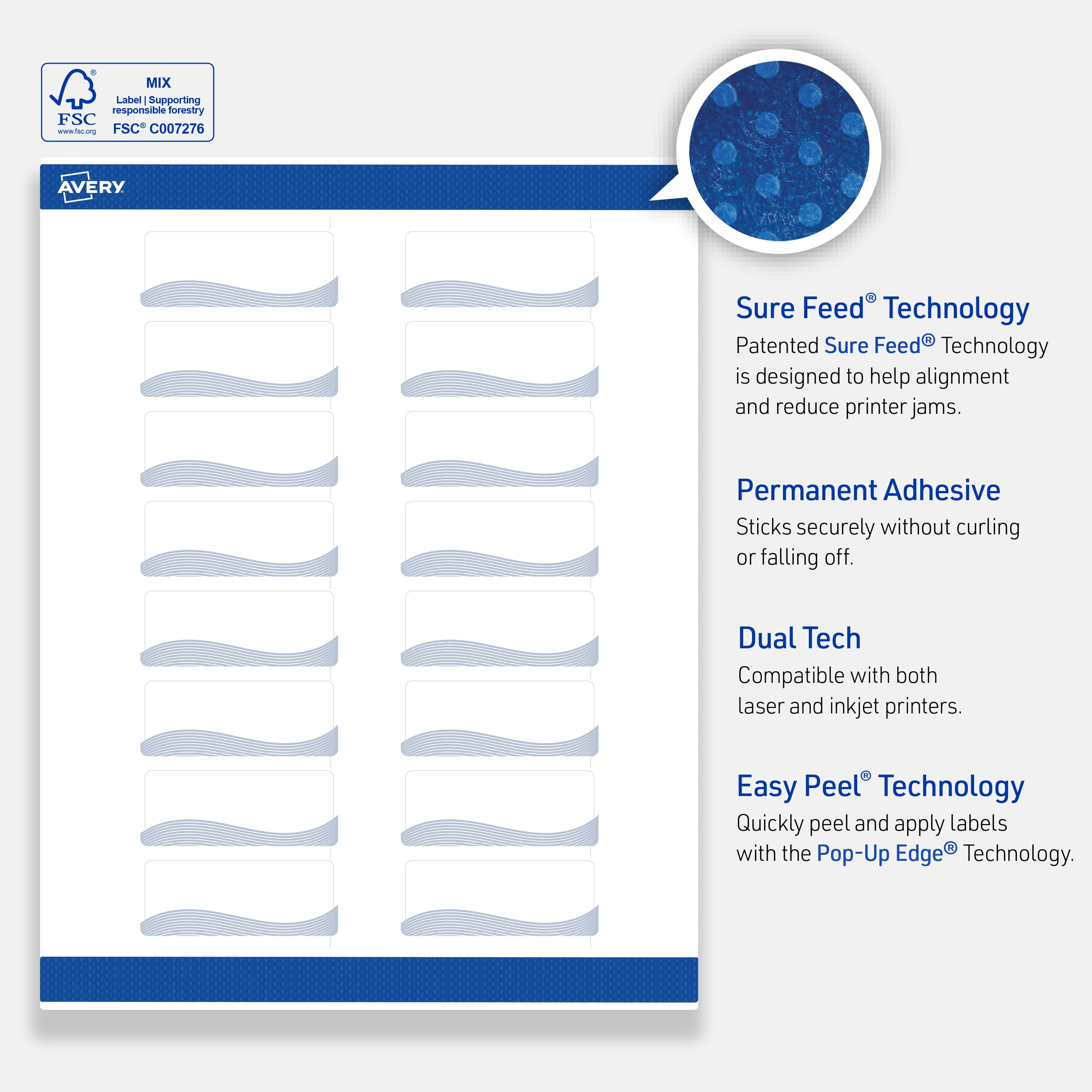 Avery Address Labels, 1" x 2-5/8", Matte White, Blue Waves