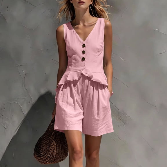 Trikvn 2 Piece Linen Sets for Women Summer Sleeveless V Neck Button Down Peplum Vests Tank Top and Pleated Shorts Matching Set Elegant Beach Casual Vacation Outfits