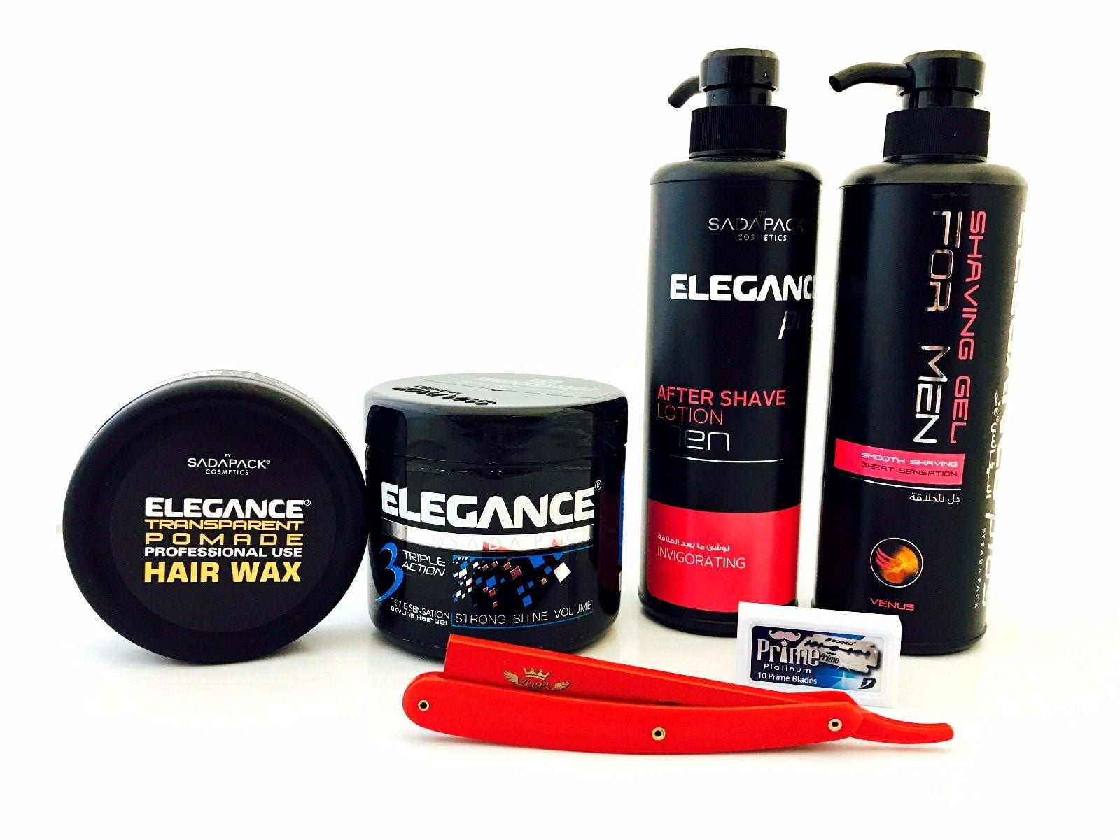 ELEGANCE BARBER SHAVING AND HAIR STYLING COMBO SET WAX, GEL, AFTERSHAVE RAZOR R1
