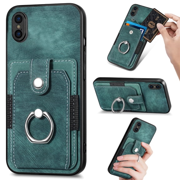 Mantto for iPhone XR Back Wallet Case,with Elastic Card Holder,Shockproof PU Leather 360° Rotation Ring Kickstand Support Magnetic Car Mount Phone Case for Women Men,Green