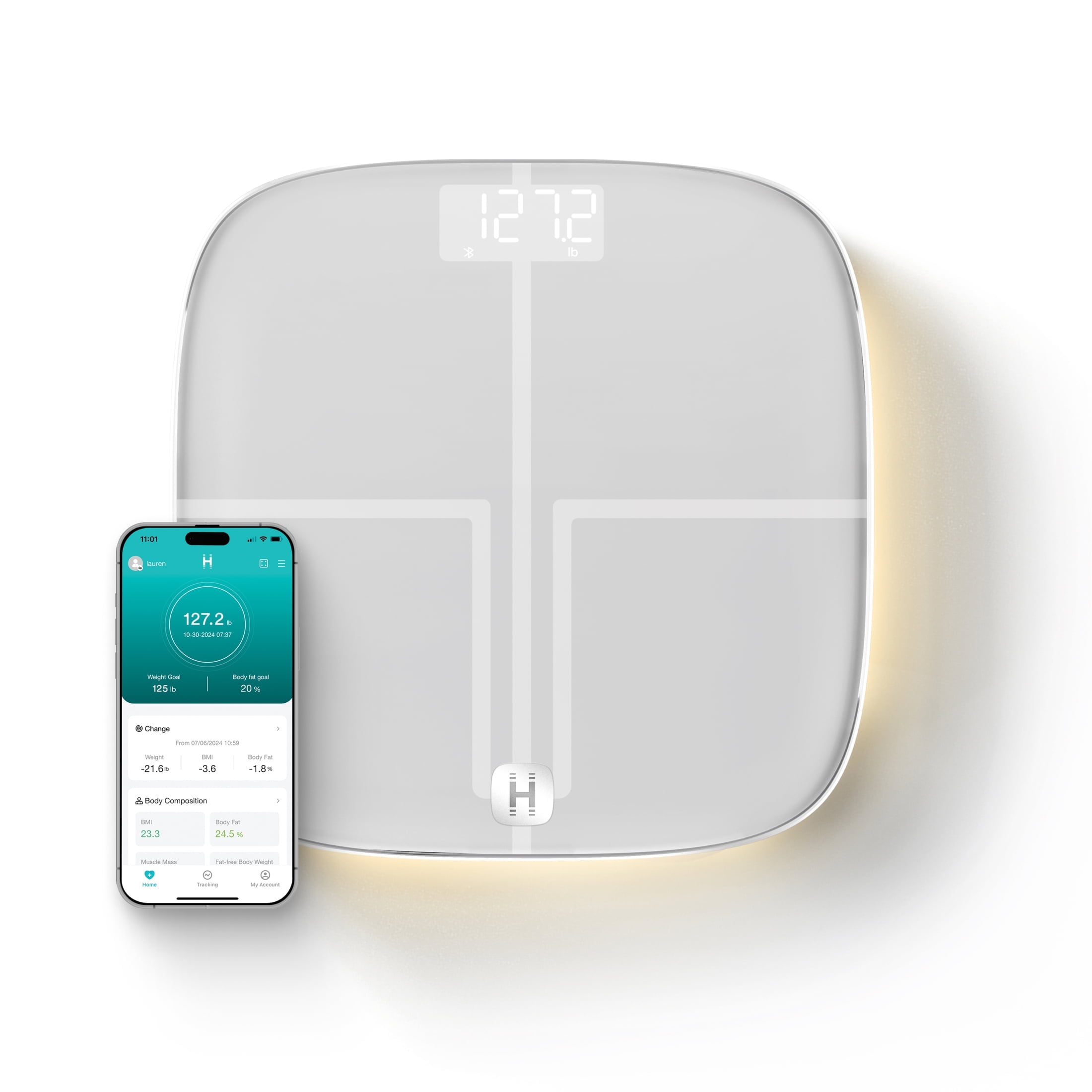 Homedics Luxe Smart Glo, Body Composition Digital Bathroom Scale, Motion-Sensing Ambient Center Illumination, Sleek Tempered Glass, High-Precision Weight Measurement Up to 400, Bluetooth