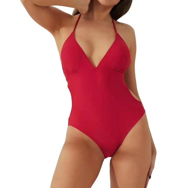Aayomet Sexy One Piece Swimsuit for Women Ribbed Tummy Control High Cut One  Piece Bathing Suit Sexy V Neck Criss Cross Monikini,Red M