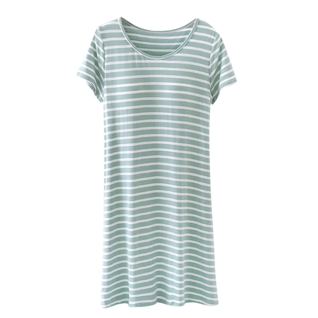 Tnhcen Robe de Pyjama à Rayures en Modal pour Femme avec Coussinets de Soutien-Gorge Intégrés - Vêtement de Nuit Doux et Confortable Col Ras du Cou Manches Courtes Tissu Extensible Facile d'Entretien Tenue Décontractée à la Maison M-3TG