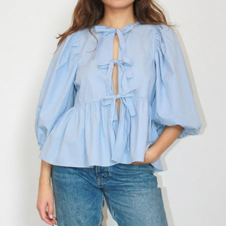 Jzuxvd Women Y2K Puff Short Sleeve Peplum Shirts Tie Front Ruffle Hem Babydoll Blouse Tops Teen Girls Lace up Cute Summer Tops Sky Blue XL