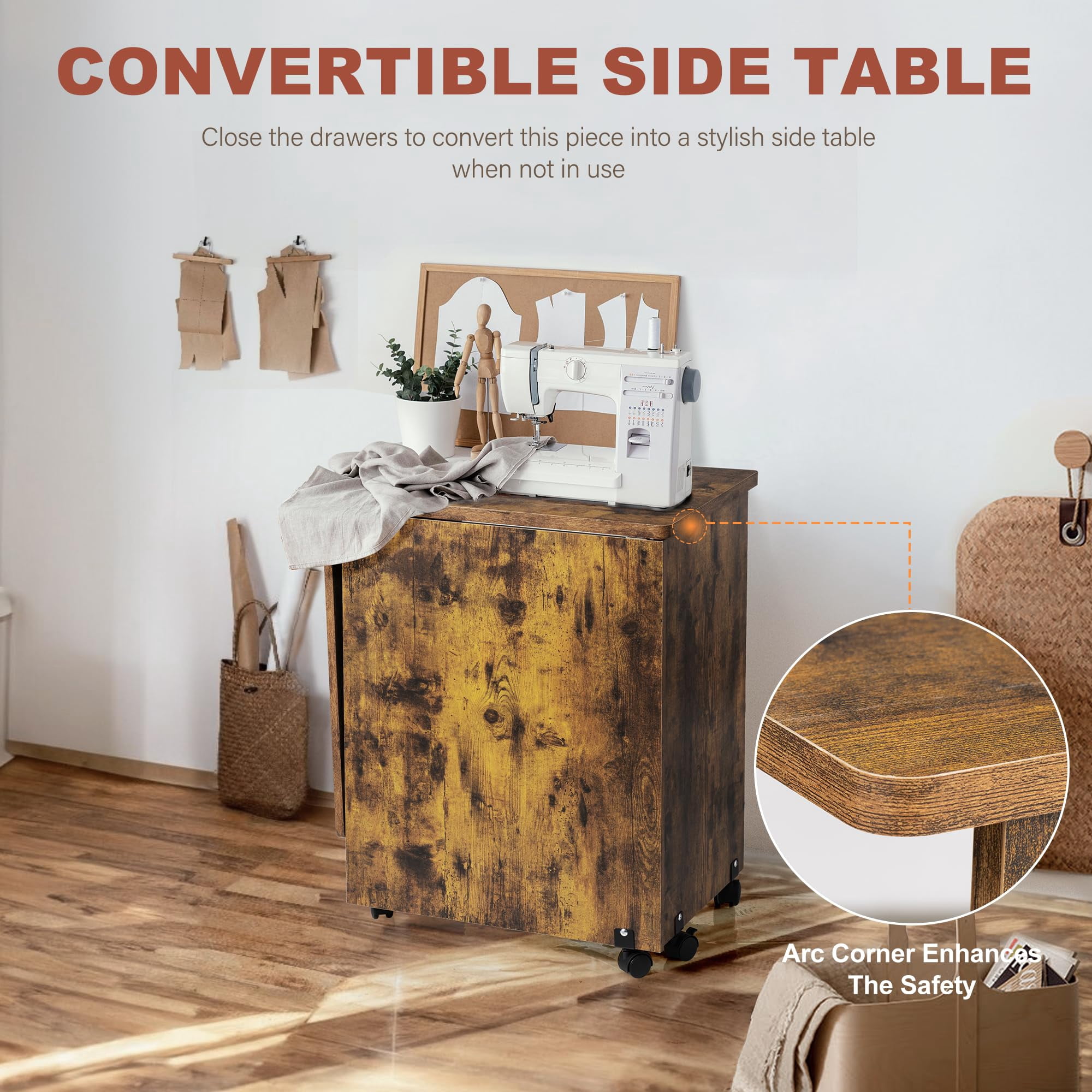 Vividwood Folding Sewing Table, Multipurpose Sewing Machine Table with Compact Design, Wheels, Shelves, Bins, Pegs, Magnetic Locks (Rustic-Brown)