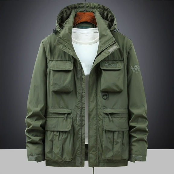 Men's Lightweight Jackets Fashion Casual Solid Color Cargo Pockets Zipper Detachable Long Sleeve Hooded Casual Outwear